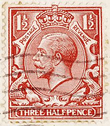 220px-George_V_UK_three_halfpence British 1½d stamp of 1912 with the Mackennal portrait of King George V.